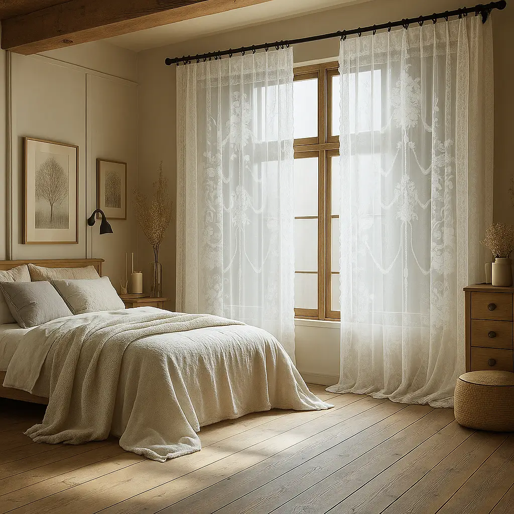 Self Leveling Risala Natural White Lace Curtains In Bedroom