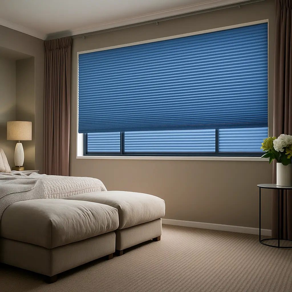 Self Leveling Risala Ocean Blue Pleated Blinds In Bedroom