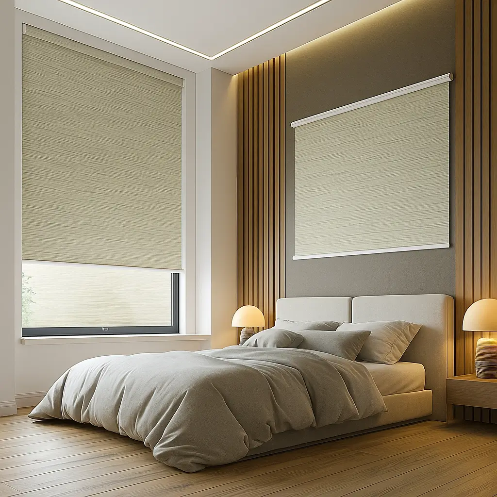 Risala Olive Texture Motorized Blinds In Bedroom