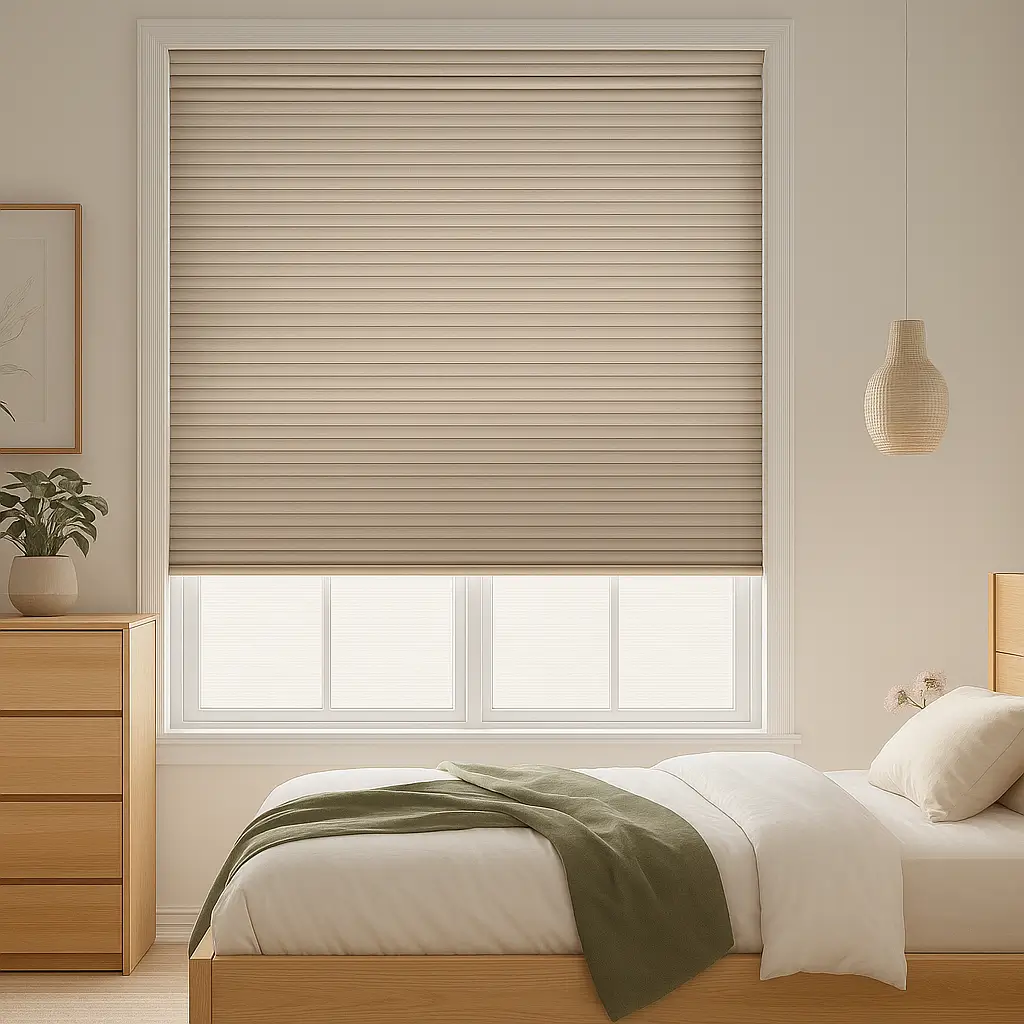 Self Leveling Risala Primrose Honeycomb Blinds In Bedroom