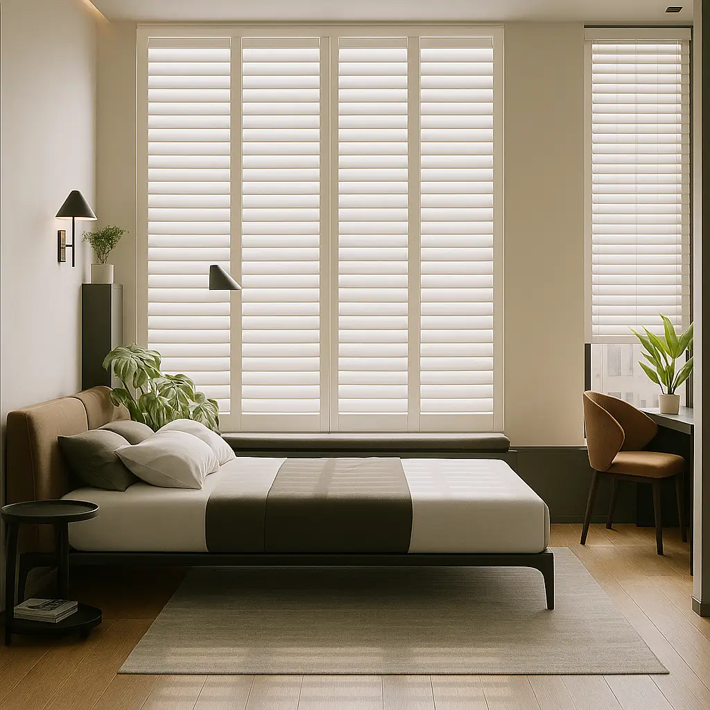 Risala Pure White Wooden Blinds In Bedroom
