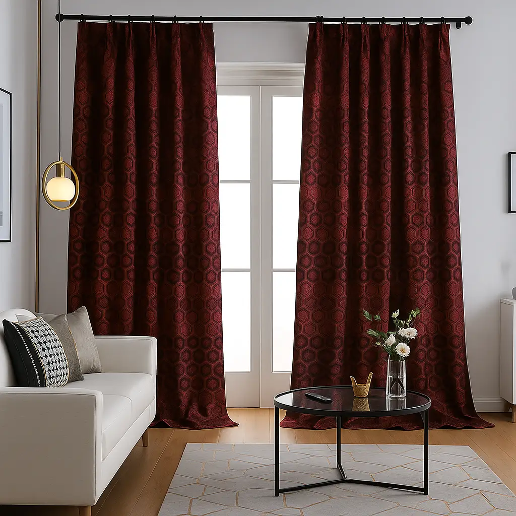 Risala Red Brocade Curtains Sample In Living Room