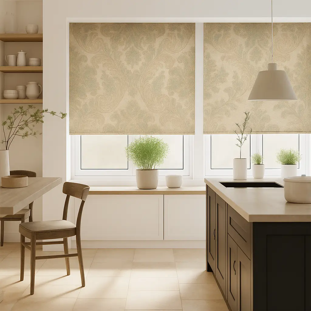 Self Leveling Risala Regalia Roman Blinds In Kitchen