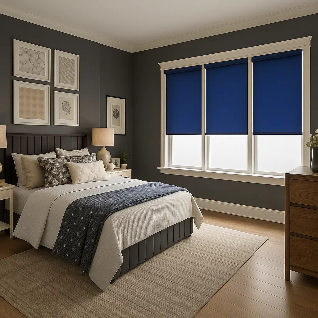 Risala Royal Blue Blackout Blinds In Bedroom