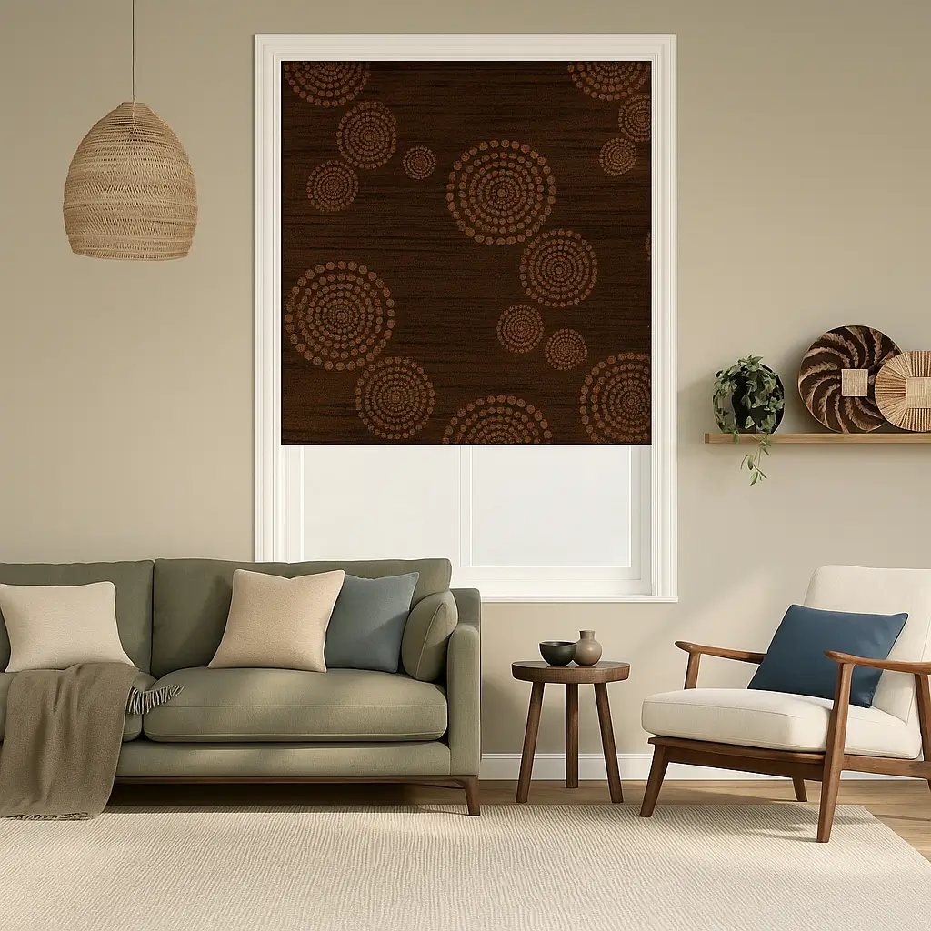 Self Leveling Risala Rustic Brown Roller Blinds In Living Room