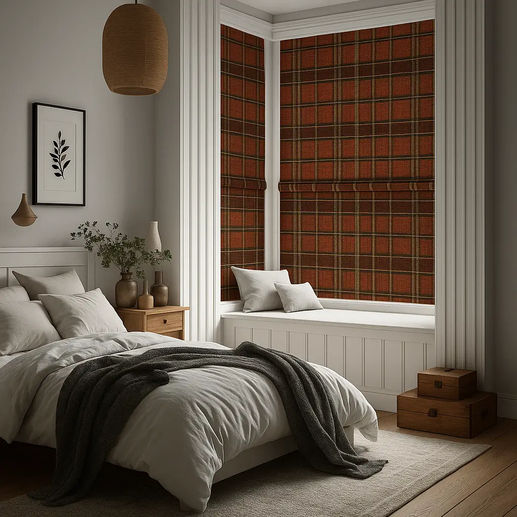 Self Leveling Risala Rustic Redwood Bamboo Blinds In Bedroom