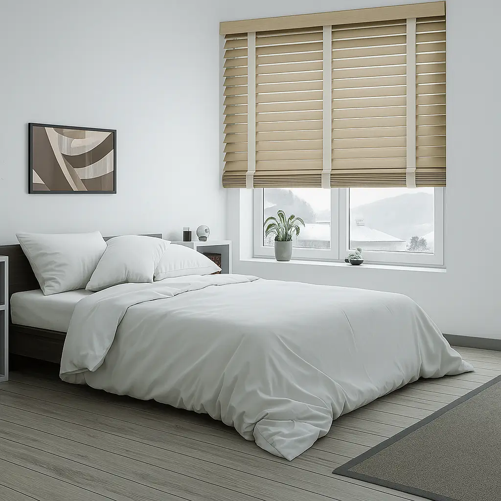 Risala Shabby White Wooden Blinds In Bedroom