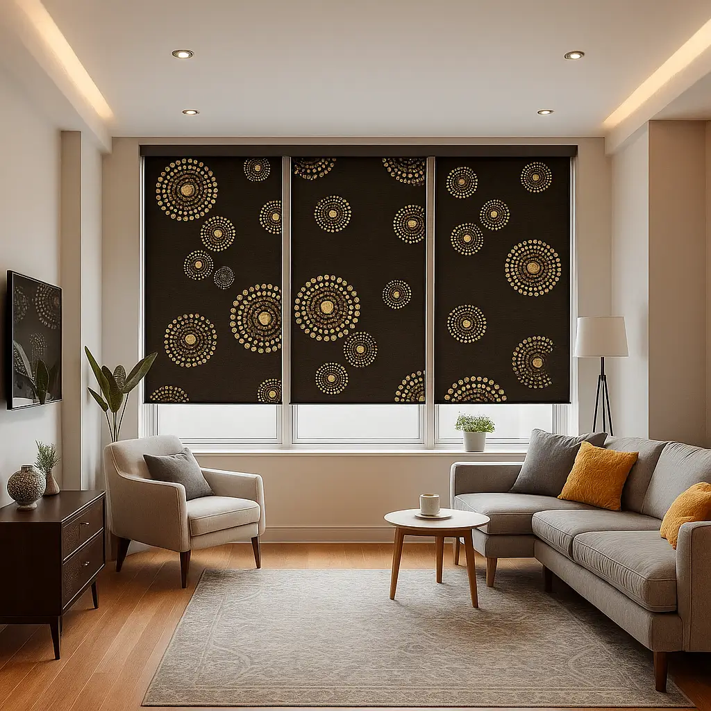 Self Leveling Risala Silver Black Roller Blinds In Living Room
