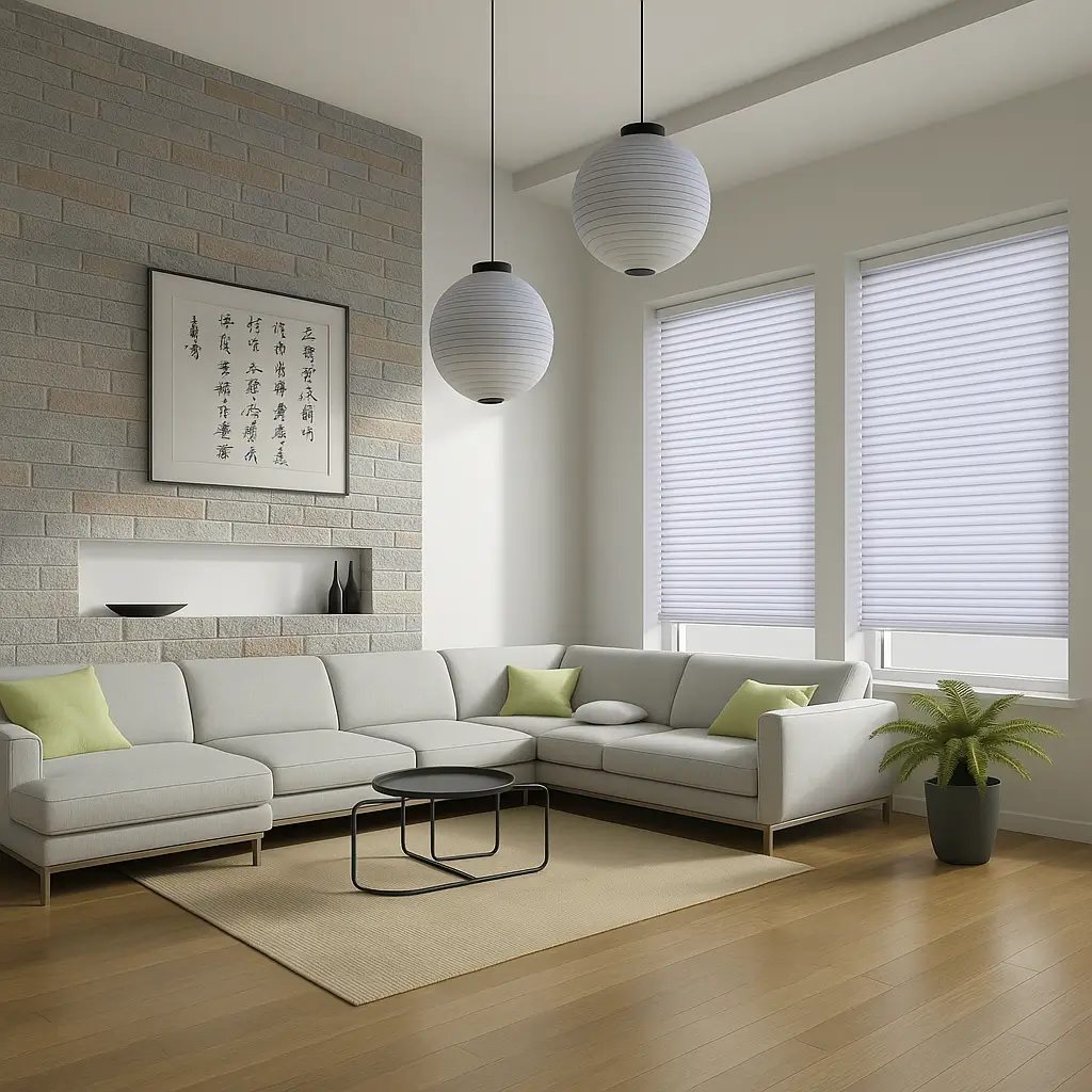 Self Leveling Risala Silver Mist Pleated Blinds In Living Room