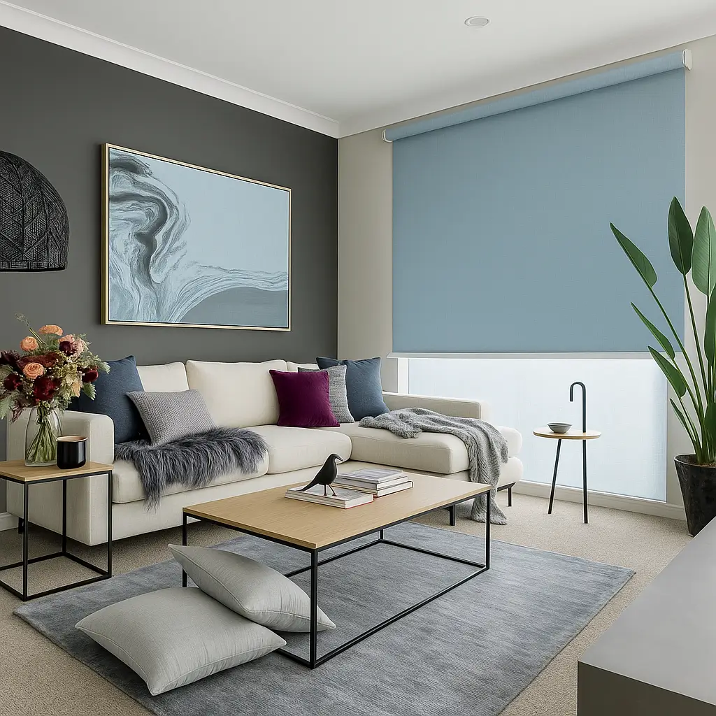 Risala Sky Blue Motorized Blinds In Living Room