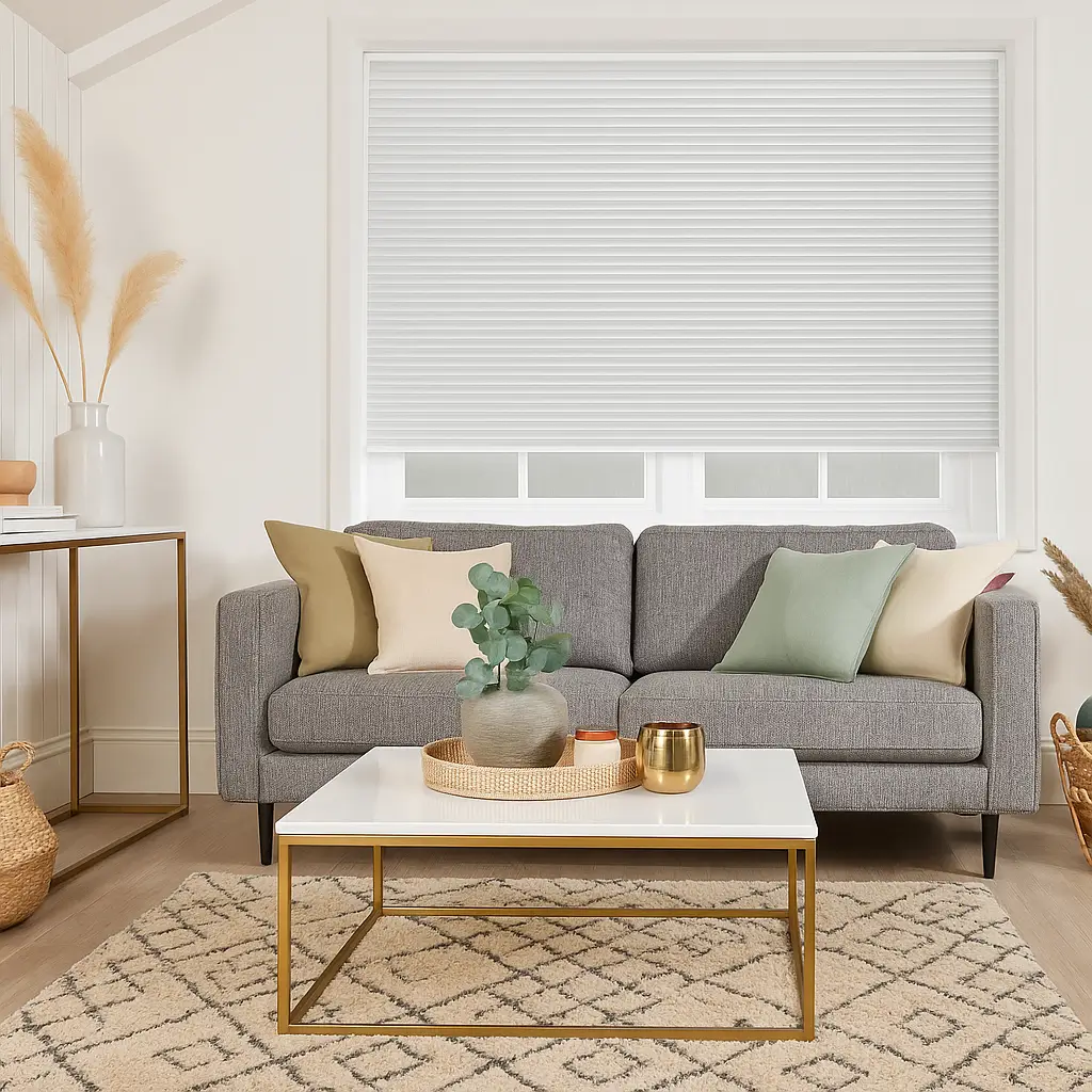 Self Leveling Risala Snow White Pleated Blinds In Living Room