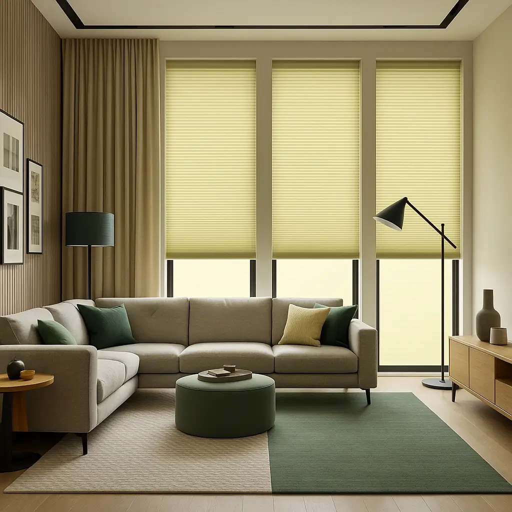 Self Leveling Risala Soft Beige Pleated Blinds In Living Room