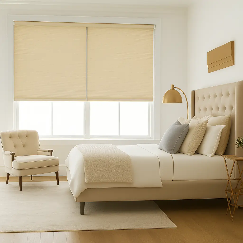 Risala Soft Sand Motorized Blinds In Bedroom
