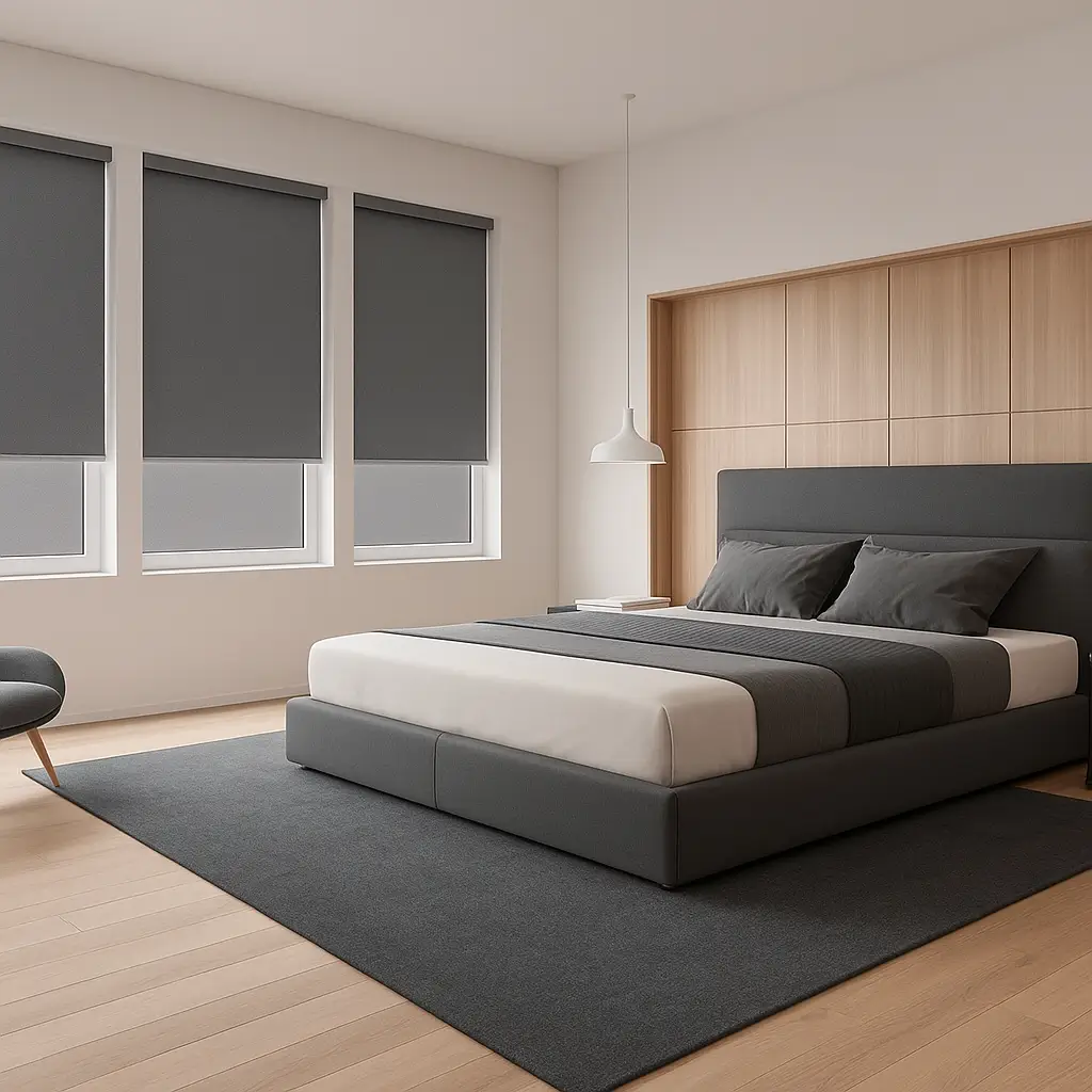 Risala Steel Grey Blackout Blinds In Bedroom