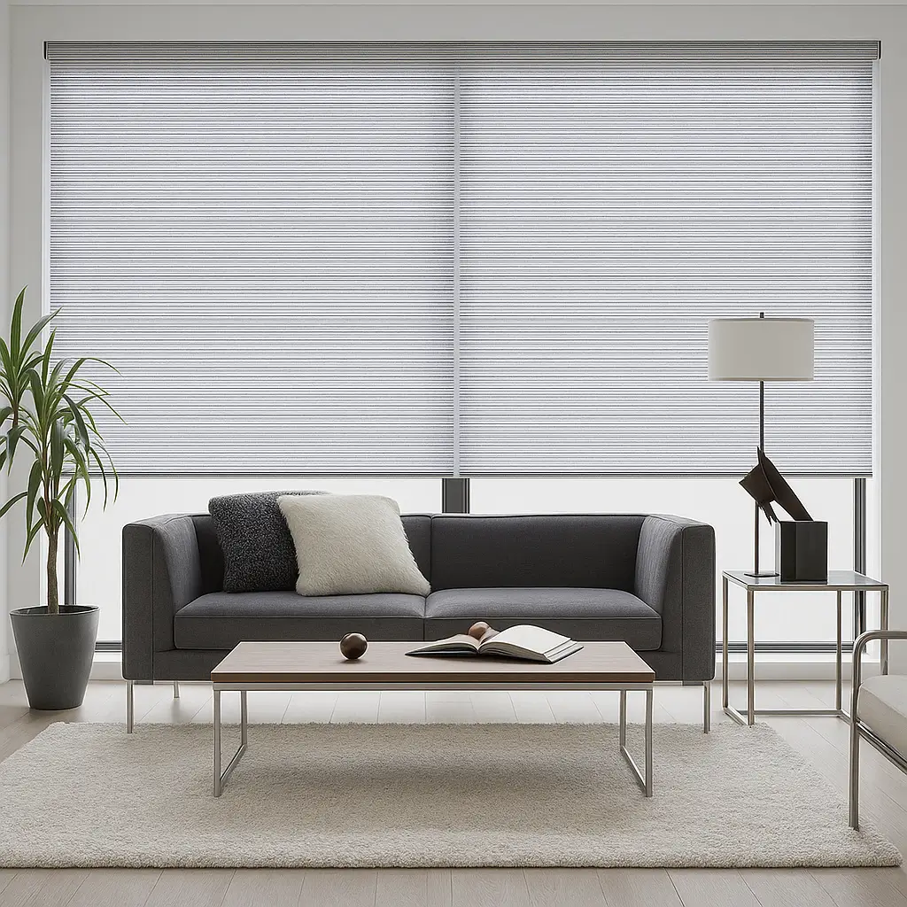 Self Leveling Risala Stripes Crisp Roller Blinds In Living Room