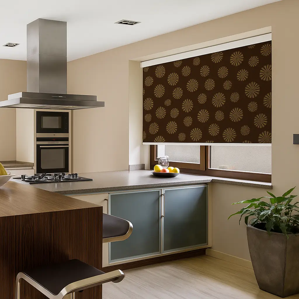Self Leveling Risala Sunrise Brown Roller Blinds In Kitchen