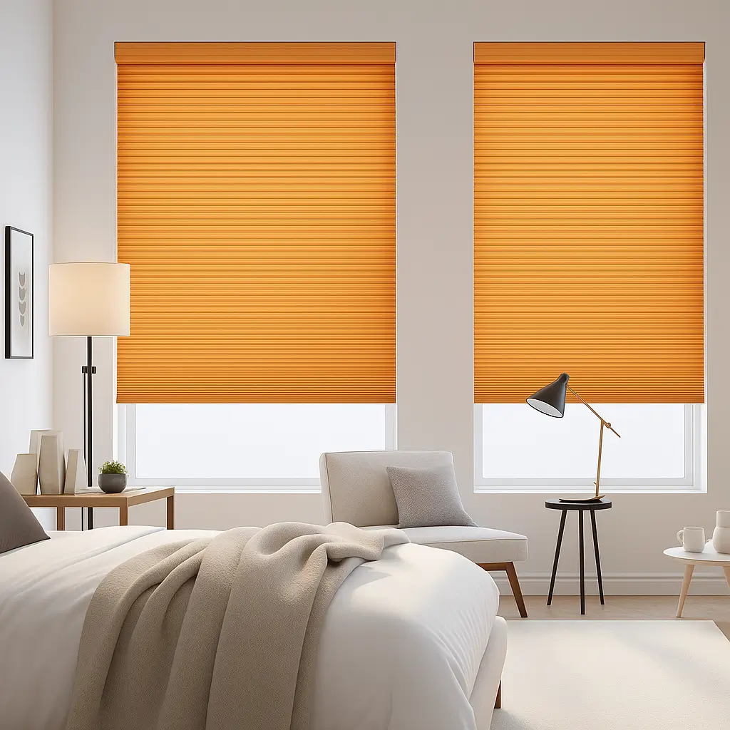 Self Leveling Risala Sunset Orange Pleated Blinds In Bedroom