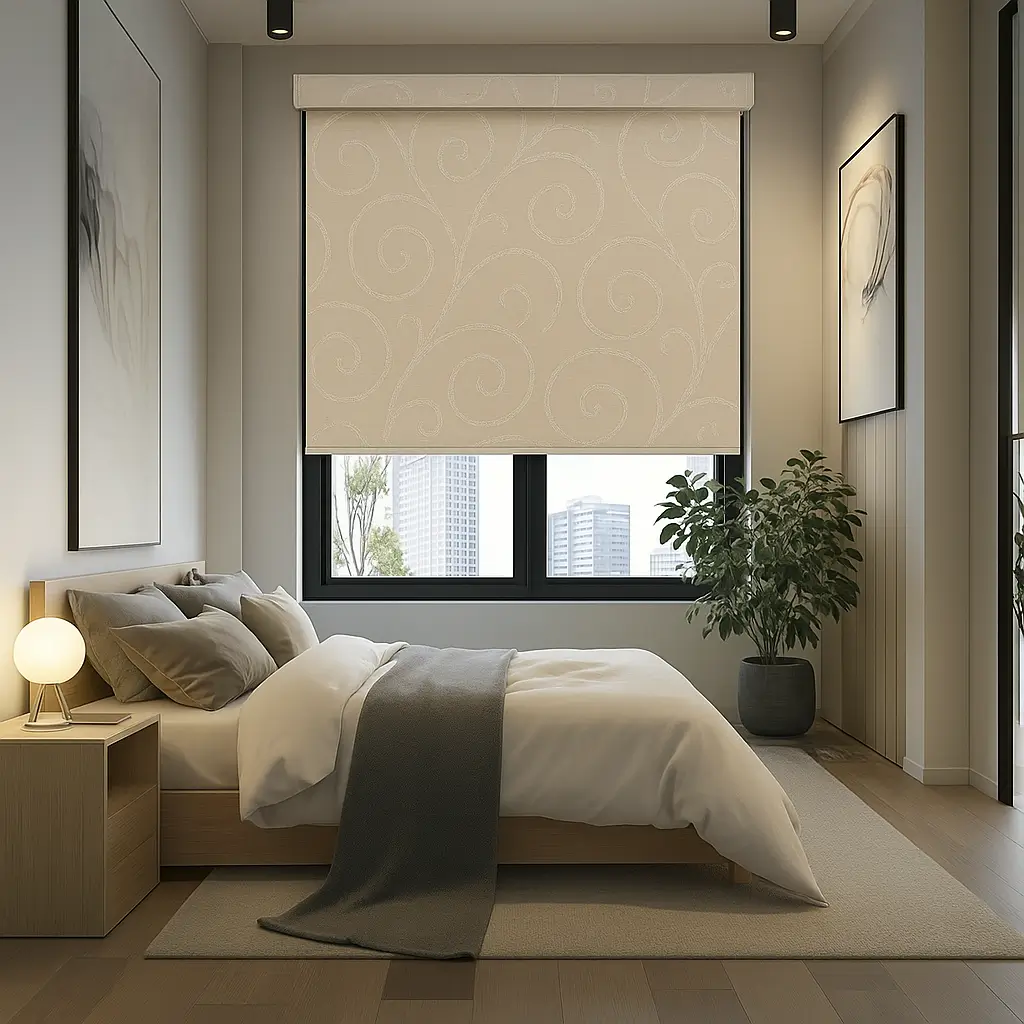 Risala Swirl Cream Motorized Blinds In Bedroom