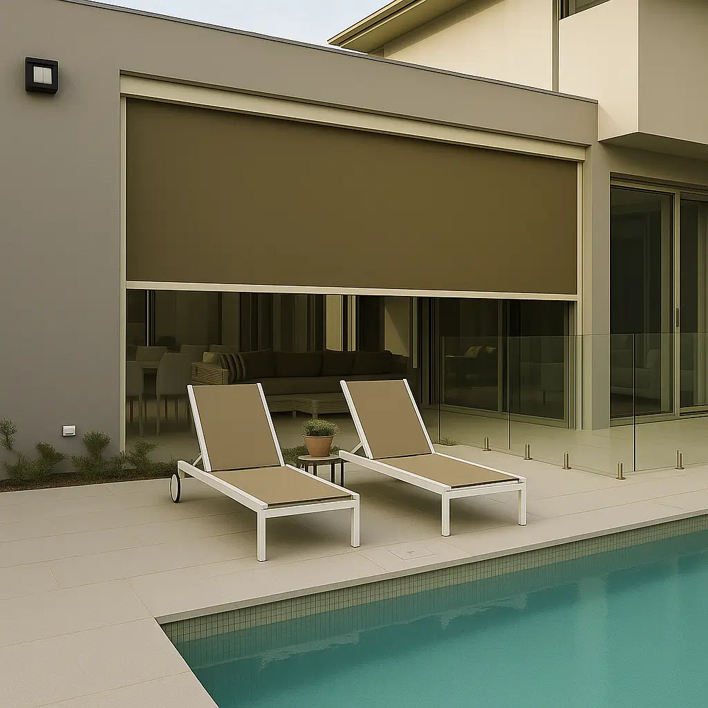 Risala Taupe Outdoor Blinds In Swimming Pool Areas