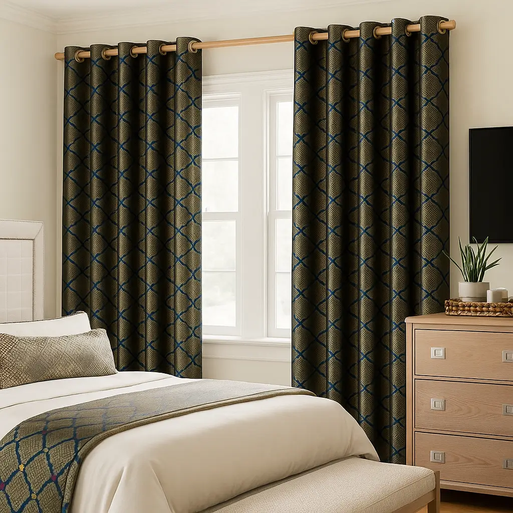 Risala Teal Blue Brocade Curtains In Bedroom