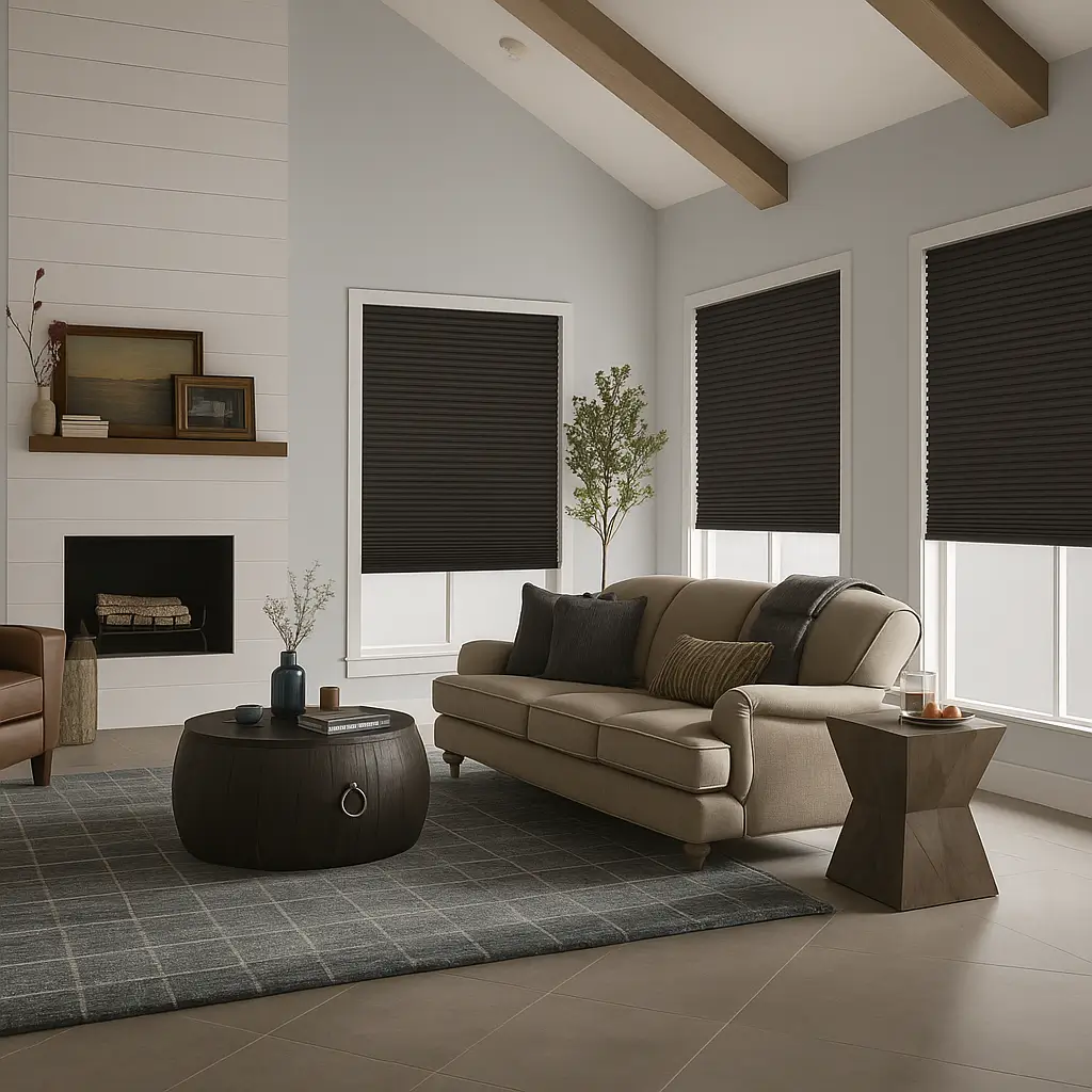 Self Leveling Risala Terra Honeycomb Blinds In Living Room