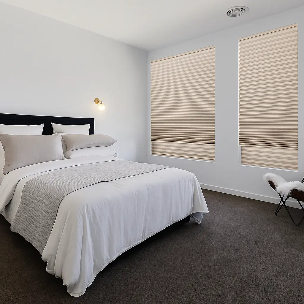 Self Leveling Risala Vanilla Milkshake Honeycomb Blinds In Bedroom