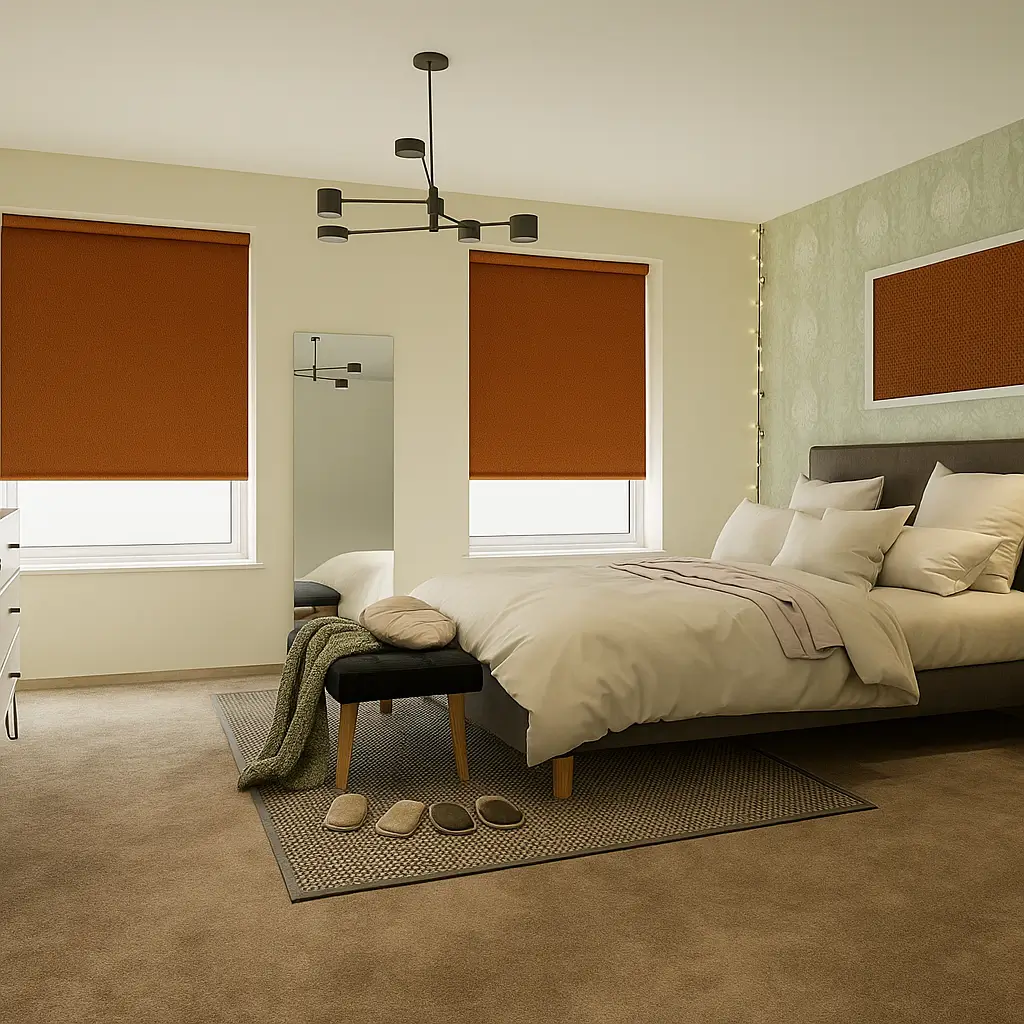 Risala Warm Brown Blackout Blinds In Bedroom