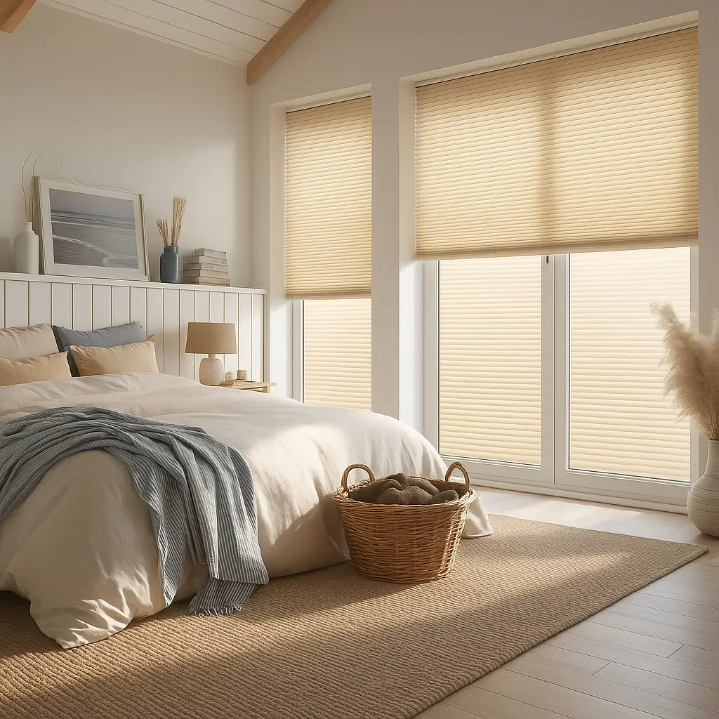 Self Leveling Risala Whisper White Honeycomb Blinds In Bedroom