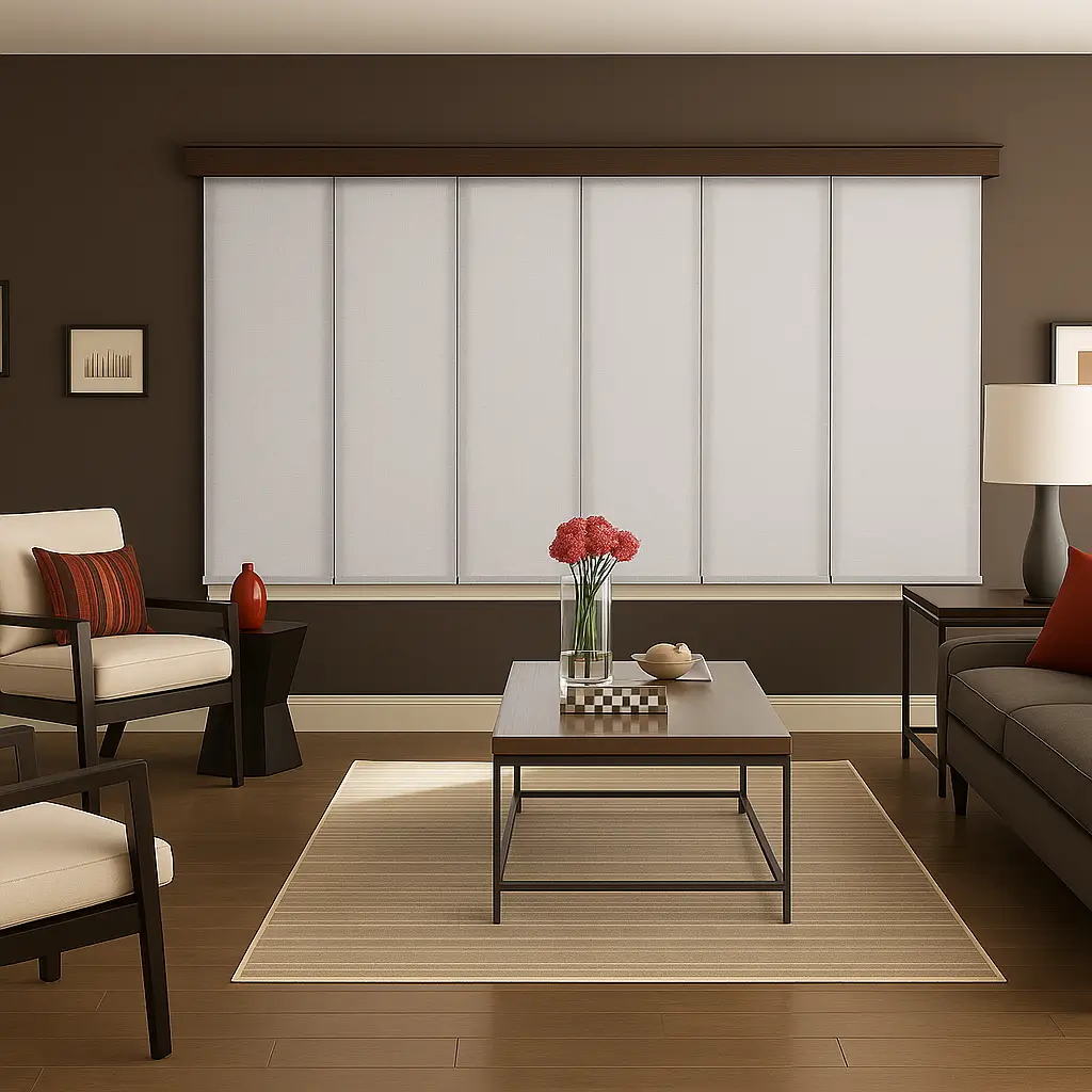 Self Leveling Risala White Grey Panel Blinds In Living Room