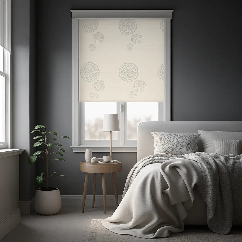 Self Leveling Risala White Roller Blinds In Bedroom