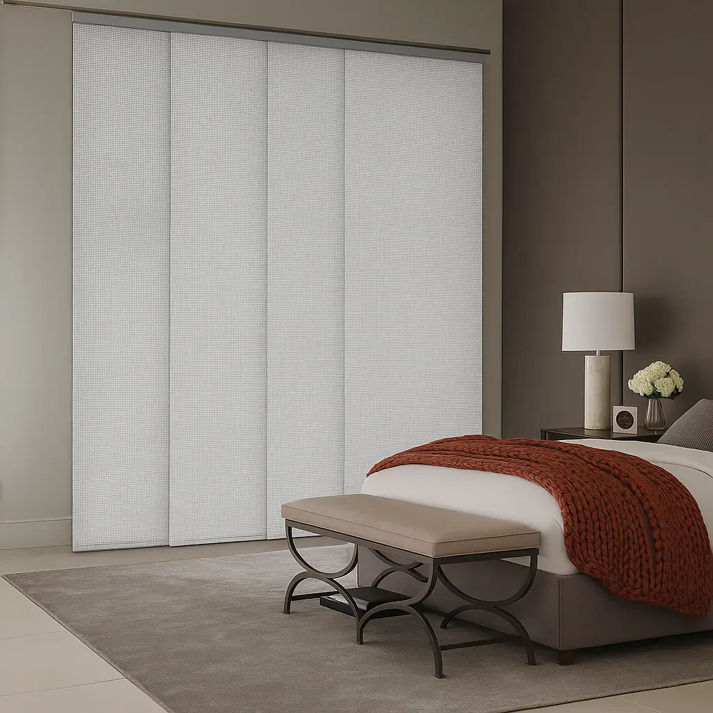Self Leveling Risala White Stone Panel Blinds In Bedroom