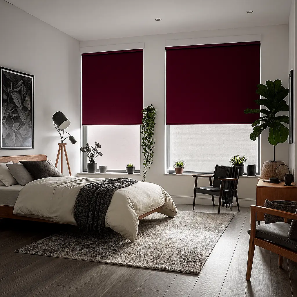 Risala Wine Maroon Blackout Blinds In Bedroom